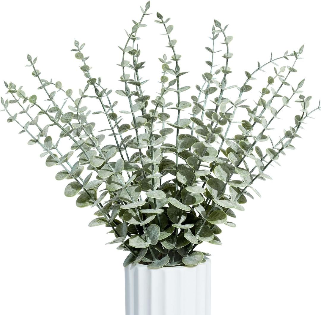 BLISOUL 24Pcs Faux Eucalyptus Stems, 15" Artificial Eucalyptus Plants with White Frosted Coating, Fake Eucalyptus Decor Plastic Greenery Leaves for Wedding Bouquets Home Decor DIY Floral Arrangements