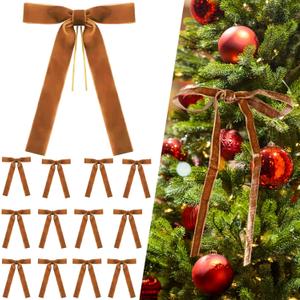 12Pcs Camel Velvet Christmas Tree Bows Ornaments Vintage Velvet Ribbon Bows for Tree Garland Wreath Indoor Outdoor Christmas Decor Xmas Decorations 1'' Wide, 5 * 7 inch