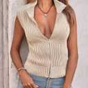 Saodimallsu Womens Zip Up Sweater Vest Sleeveless Ribbed Knit V Neck Collared Striped Tank Tops (Beige)