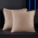 Deconovo Velvet Throw Pillow Covers with Invisible Zipper, Decorative Pom-poms Soft Square Cushion Cases for Couch Sofa Living Room Bedroom Outdoor, Set of 2, Light Khaki, 26x26 in