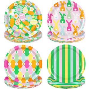 2 x FYSUIMU 48 Pcs Easter Bunny Paper Plates Colorful Rabbit Egg Flower Disposable Plates Easter Striped Contrast Color Design Dinner Dessert Plate for Spring Birthday Baby Shower Party, 9 Inch