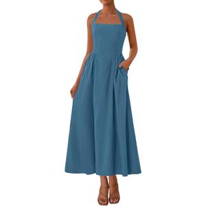 KIRUNDO Summer Dresses for Women 2026 Halter Maxi Wedding Guest Party Cocktail Semi Formal Elegant Classy Long Sundress (Blue, L)