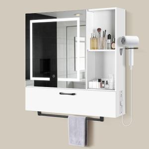 LED Lighting with Socket and USB Bathroom Medicine Mirror Cabinet,Color Changing Anti Fog Light Strip,Equipped with Hair Dryer Rack and Towel Rack,Embedded or Wall Mounted,White