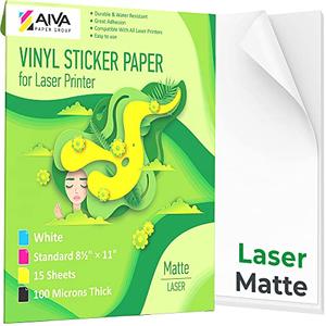 Printable Vinyl Sticker Paper for Laser Printer - Matte White - 15 Self-Adhesive Sheets - Waterproof Decal Paper - Standard Letter Size 8.5"x11"
