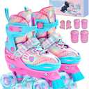 Sportneer Kids Roller Skates, 4 Adjustable Light up Roller Skates for Girls Boys Kids Toddlers Beginners, Kids Skates with Protective Gear Set Gift for Indoor & Outdoor Use (X Small - Toddler, Pink)