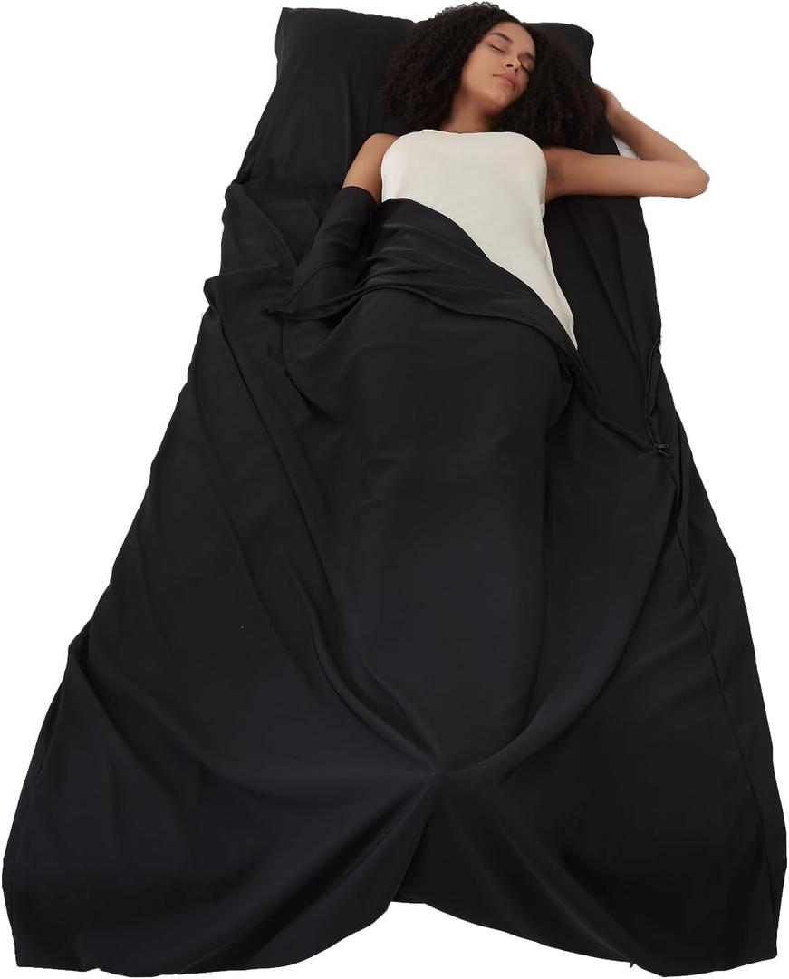 ALASKA BEAR Natural Silk Sleeping Bag Liner Cocoon-Style Travel Sheet Sleep Bag with Built-in Pillowcase(Black)