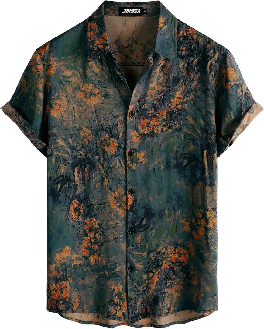 JOTOOK Mens Hawaiian Shirt Short Sleeve Button Down Tropical Shirts Casual Floral Summer Beach Shirt (Medium, Gray Orange)