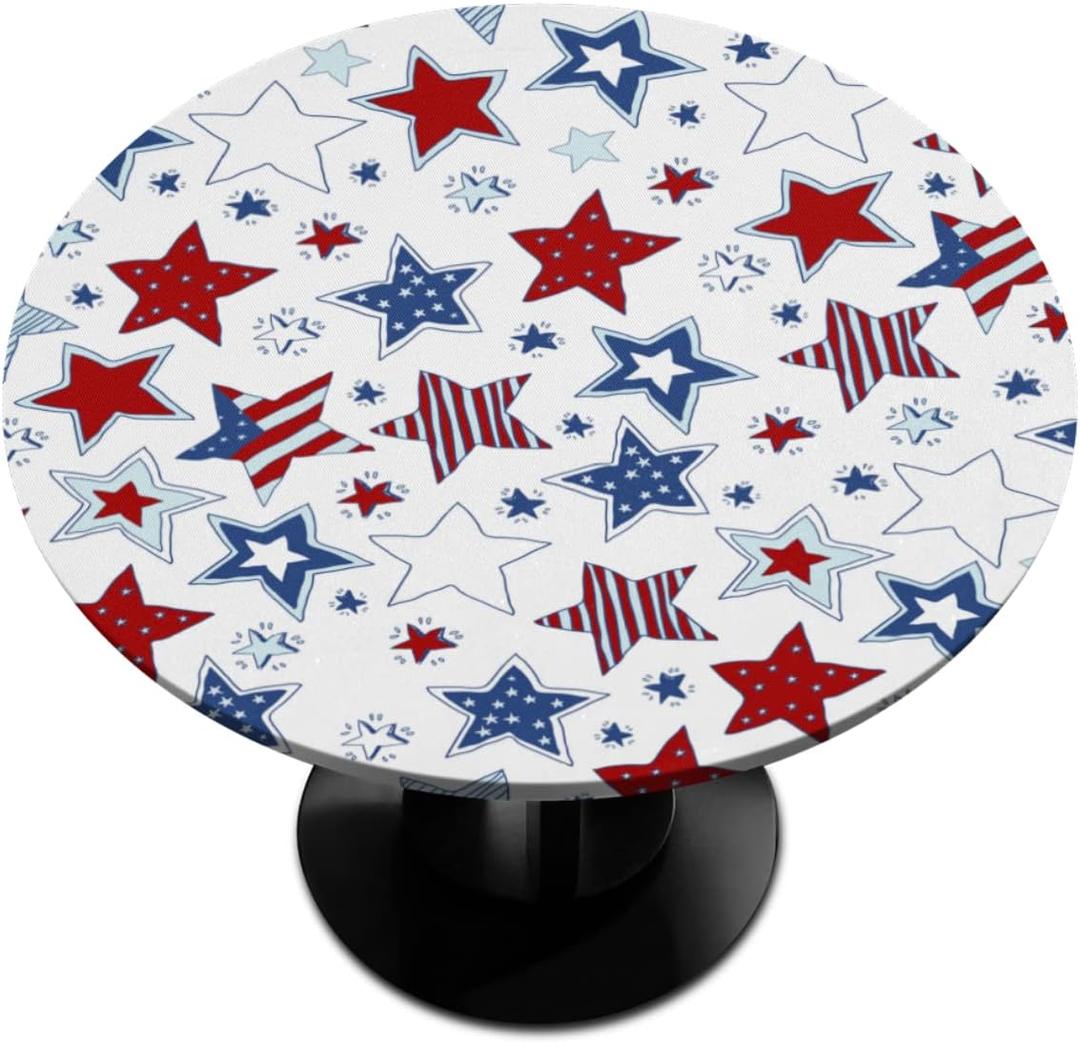 PJO Round Fitted Tablecloth Star Stripe Round Tablecloth with Elastic Edge 4th of July Circular Table Cover Waterproof Wipeable Table Cloth, Fits Tables up to 60 in Diameter