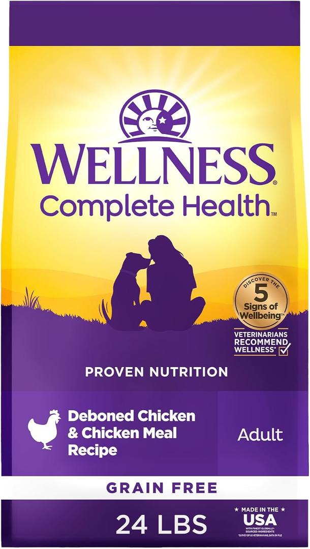Wellness Complete Health Adult Dry Dog Food, Grain Free Kibble, Natural, Chicken Recipe, 24 lb Bag, BBD: 01 APR 2027