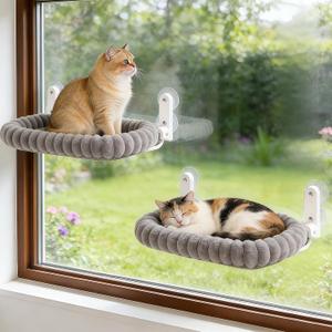 Zoratoo 2PC Cat Window Perch with Bolster Foldable Cat Hammock Cushion Bed for Window with Metal Frame, Cloud-Cuddle Cordless Window Resting Seat for Indoor Cats (Cushion Bed, Gray-M)