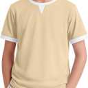 Boys Short Sleeve Shirts Crew Neck Color Block Kids T-Shirts Casual Basic Lightweight Tees Summer Patchwork Tops(Apricot&White,13-14 Years)