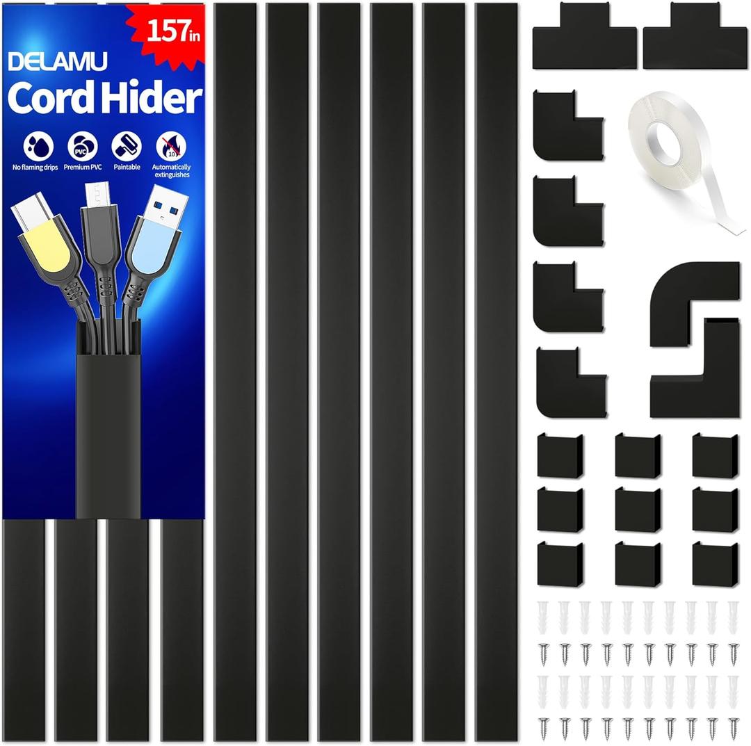 Cable Hider, 157in Delamu Cord Hider Wall for Wall Mounted TV, Wire Hider Kit, Paintable Cable Concealer Raceway Management for Home & Office, 10XL15.7 W0.95 H0.55in, Black