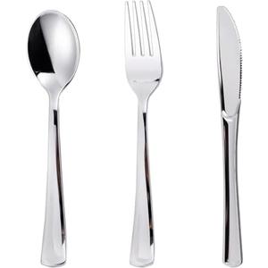N9R 120PCS Silver Plastic Silverware, Silver Plastic Cutlery Set Disposable Flatware Dinnerware - 60 Forks, 30 Spoons, 30 Knives for Wedding, Party, Birthday and Daily Use