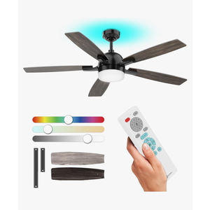 57-Inch Ceiling Fan with Lights and Remote, Top RGB LED & Dimmable Down Light, Ultra-Quiet, 6-Speed, Timer, Reversible Air Circulation Mode, All-Season Use for Bedroom, Living Room Black