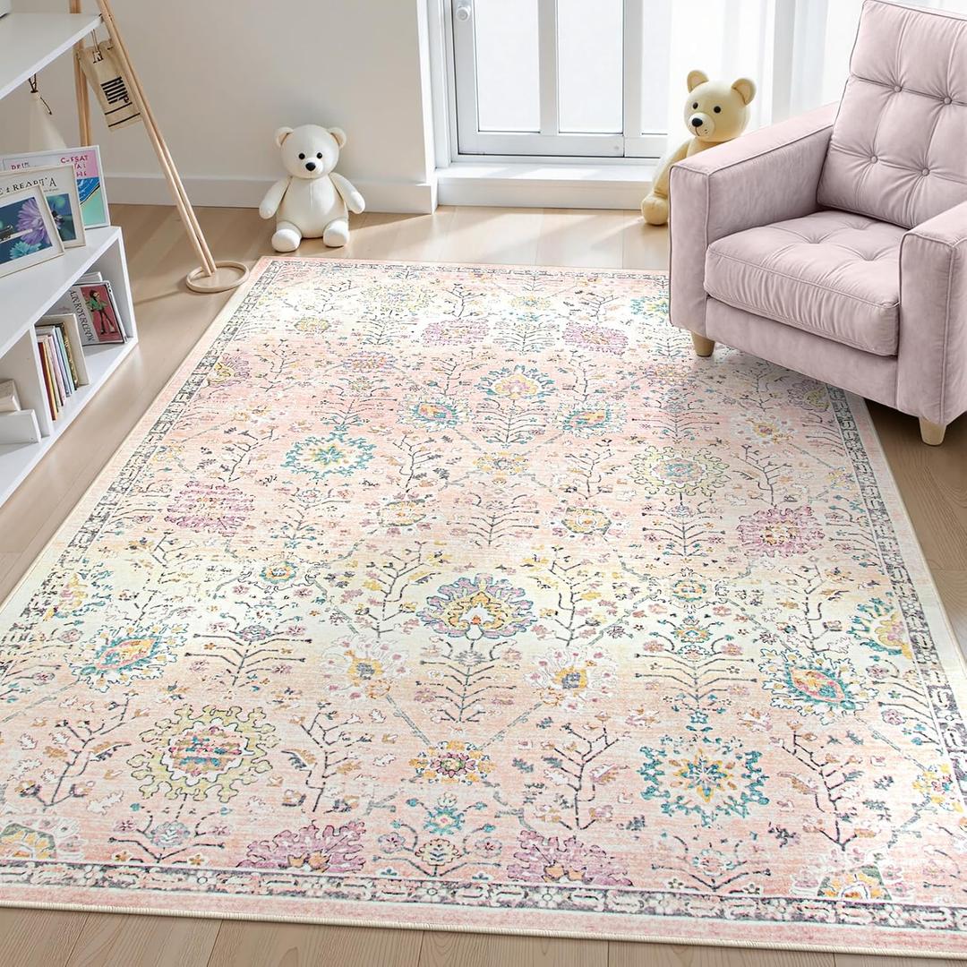 Pink Nursery Rug for Baby Girl 5 x 7 Neutral Blush Pink Boho Cute Floral Foldable Machine Washable Low Pile Soft Surface Carpet Area Rugs for Living Room Bedroom Dorm Kids Playroom,5x7