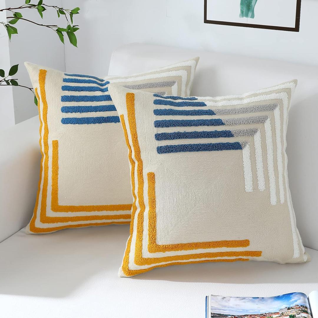 Embroidered Summer Fall Pillow Covers 18x18 Set of 2 Accent Boho Geometric Pattern Cotton Outdoor Throw Pillow Covers for Couch Bed Living Room, Yellow and Blue