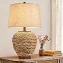26" Natural Rattan Table Lamp, Farmhouse Rustic Seagrass Woven Bedside Lamp with Linen Shade, Coastal Boho Decor for Living Room, Bedroom, End Table,1 Pack