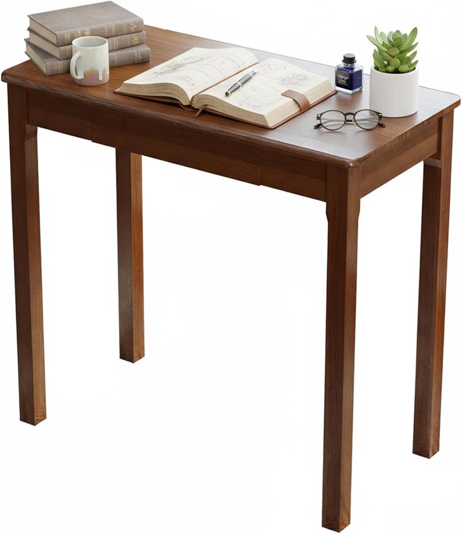 Solid Wood Desk with Drawers - 31.5" Narrow Desks for Small Spaces, Mid Century Modern Desks, Small Wooden Vintage Computer Writing Desk, Study Table for Home Office Bedroom, Walnut, 31.5*15.7*29.5 Inch
