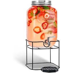 2 Gallon Glass Beverage Dispenser with Stainless Steel Spigot on Metal Stand - Decorative Mason Jar Dispenser For Sun Tea, Iced Tea or Kombucha