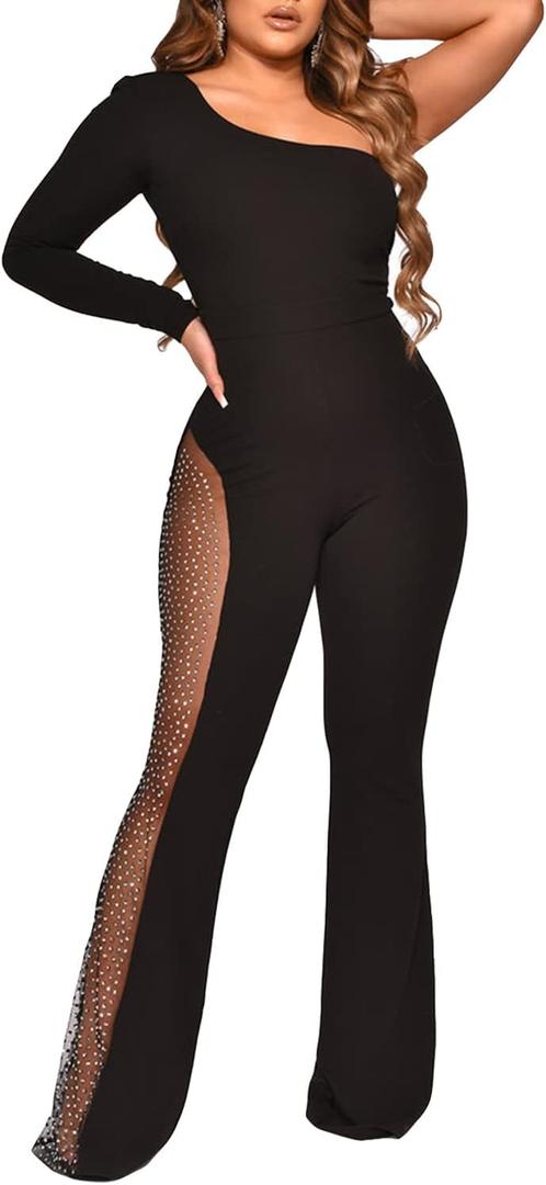 Women Sexy One Shoulder Bodycon Rhinestone Leg Jumpsuit Wide Leg Split Long Pant Club Romper Overall (Small, Black)