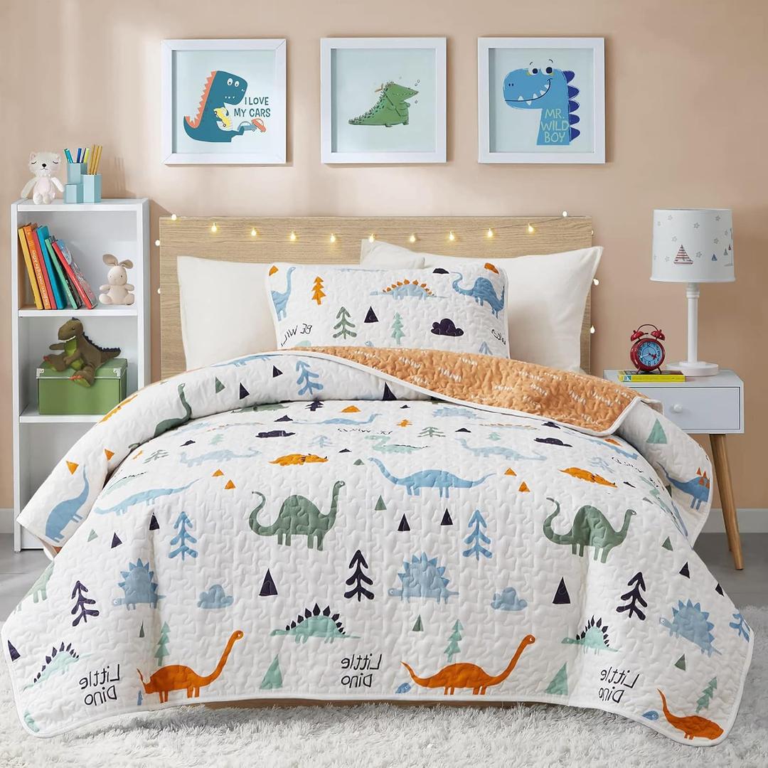 Joyreap 2-Piece Cotton Quilt Set Twin, Cute Dinosaur Reversible Design for Kids Boys n Girls, Breathable Skin-friendly Quilt Bedspread Bed Cover for All Season, 1 Quilt and 1 Pillow Sham- 68x86 inches (Twin (68"x86", 1 Qulit+1 Pillow Sham), Dinosaur Orange)
