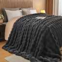Lotus Karen King Size Faux Fur Blanket - Dark Gray, Big Bubble Rabbit Fluff, 108x90 Inches