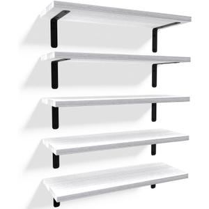 RICHER HOUSE Floating Wall Shelves, Rustic Wood Bathroom Shelves Set of 5, Farmhouse Style Shelf for Dcor, Hanging Bedroom, Storage, Kitchen, Living Room - White