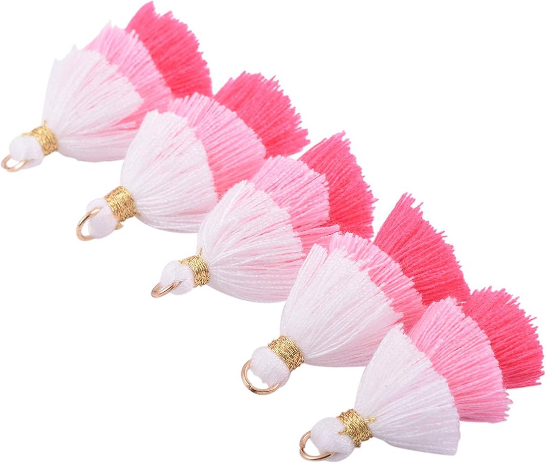 KONMAY 50pcs Bulk 1.4''(3.5cm) Tiny Tri-Layered Tassels with Gold Jump Ring for Jewelry Making, Clothing (White&rose)