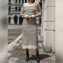 Womens Striped Sweater Dress Fall Knit Crewneck Long Sleeve Baggy Casual Long Dress Loose Autumn Winter Midi Dresses (S)