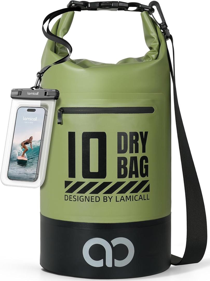 Lamicall Dry Bag Waterproof Backpack - [Zippered Pocket] 5L/10L/20L/30L/40L Roll Top Waterproof Bag with Water Proof Phone Pouch, Floatable Drybag for Swimming, Boating, Kayaking, Camping, Beach (Olive Green)