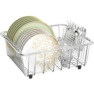 JAQ Dish Drying Rack in-Sink, 304 Stainless Steel Dish Drainer with Stainless Steel Silverware Holder Over Inside Sink-Adjustable 15.16" to 20.59" Maximium 13 Upright Dishes