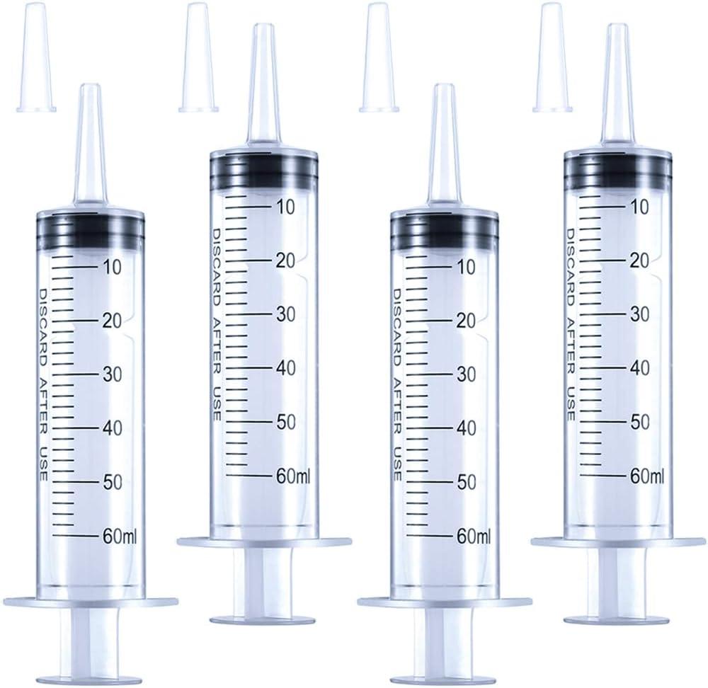 4 Pack 60mL Large Syringe for Liquid with Tip Cap, Plastic Liquid Syringes Individually Sterile Sealed