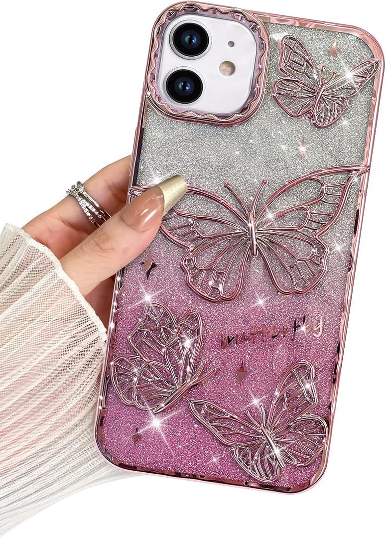 BITOBE Designed for iPhone 11, Cute 3D Butterfly Case Slim Plating Glitter Bling Luxury Cover for Women Girls Protective Camera Protection Bumper 6.1" Pink