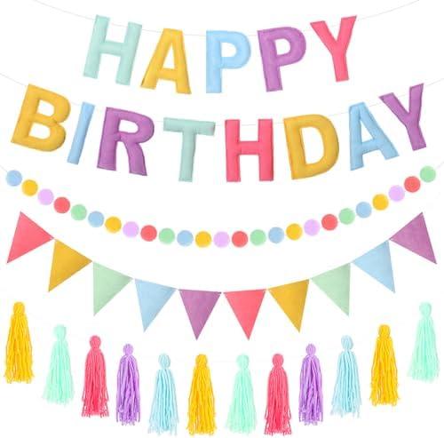 Mindsoft 4 Pcs Felt Happy Birthday Banner Pre-Strung Happy Birthday Banner Felt Ball Garland Tassel and Triangle Flags Garland Pastel Backdrop Decorations for Kids Adults Party Supplies