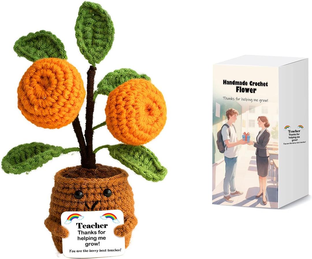 Crochet Artificial Flower Bouquet Teacher Appreciation Decoration Gifts for Ladies Handmade Crochet Thank You for Helping Me Grow Up (Orange)