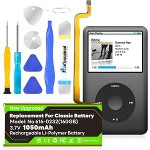2026 Upgrade Replacement 1050mAh Long-Lasting Classic Battery 616-0232 Compatible with iPod Classic 5th - 7th Generation Video A1136 A1238 6th 80GB 6.5th 120GB 7th 160GB 5th 30GB with Tool Kits
