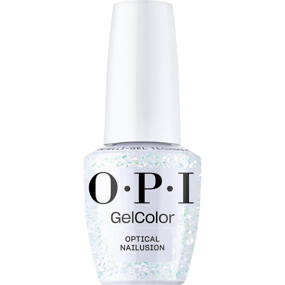OPI GelColor LED Cure Gel Nail Polish | White, Gray & Black Shades | Salon-Quality Shine, Long-Lasting Wear | Easily Soak Off Removal | Vegan & HEMA Free | 0.5 Fl Oz (Optical Nailusion | Opaque Bright Iridescent White Glitter)