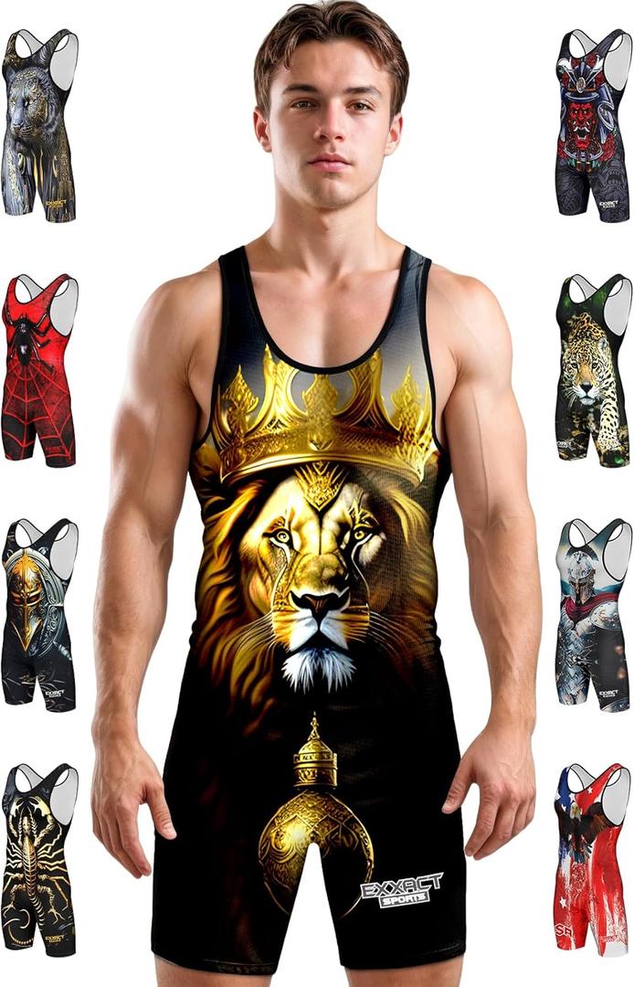 Exxact Sports Sublimated Adult & Youth Wrestling Singlet - Premium Powerlifting Singlet for Men & Boys, Unisex Singlets (Lion)