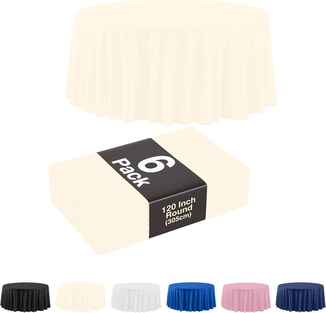 Party Solids Pack Of 6, Ivory Plastic Table Cloth - 120 Inch Round Disposable Tablecloth for Parties - Round Tablecloth - Disposable Table Cloths for Parties
