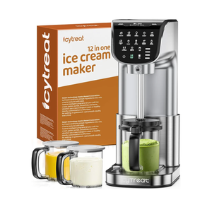 Ice Cream Maker Machine 12-in-1, Full Automatic Stainless Steel Homemade Ice Cream Maker for Sorbet, Milkshake, Frozen Yogurt & More, Easy to Clean Ice Cream Machine, (3) Family-Sized Tubs