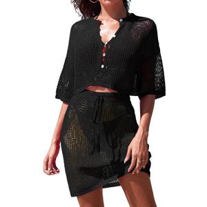 Pink Queen 2 Piece Crochet Swimsuit Cover Ups for Women Hollow Out Knitted Bathing Suit Coverup Beach Crop Top and Skirt Sets (Large, Black)