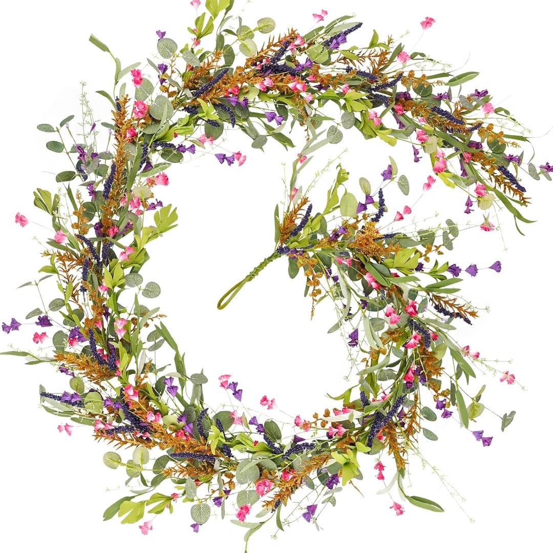 HOHOTIME 6FT Lavender Flowers Garland with Wildflower, Purple Pink Floral Eucalyptus Vine, Artificial Summer Spring Garland for Mantle Wedding Arch Porch Window Indoor Decor Home Decoration