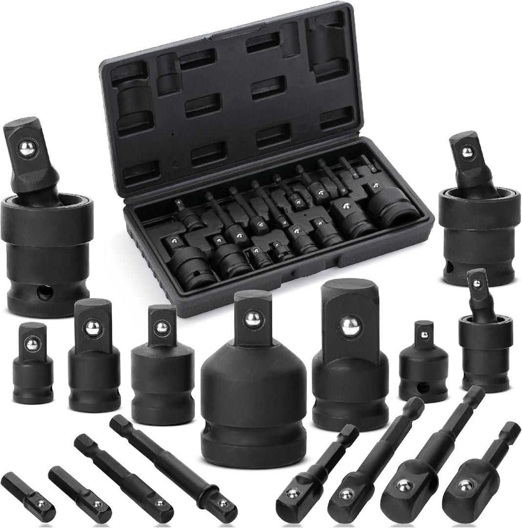 Bates- Impact Socket Adapter and Reducer Set, 17 pcs, 1/4" 3/8" 1/2" Drive, Impact Universal Joint Socket Set, Impact Sockets Adapter Set, Socket Adapter Set, Impact Adapter Set (Black)