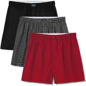 Tommy John Men's Woven Boxer Short Underwear (Classic Stripe Red/Interlaced Geo Turbulence/Black)