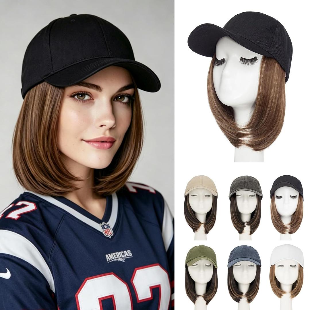 Rich Choices Hat Wigs for Women,Black Baseball Cap with Hair Extensions for Women,Short Bob Hairstyle Caps with Hair Attached Adjustable Baseball Cap Wig 6 Inch-Highlighted Dark Brown Hair