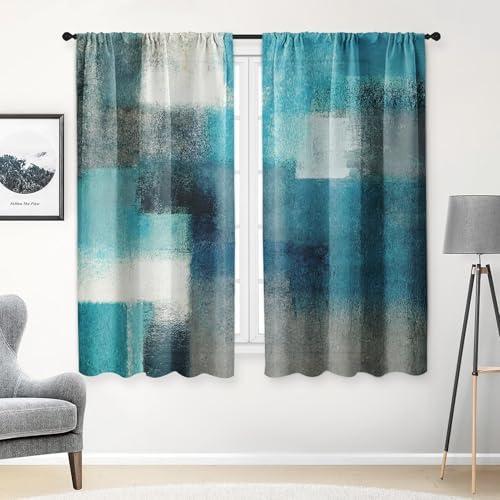 Tayney Turquoise Kitchen Curtains 63 Inch Length Abstract Window Curtains Set of 2, Teal Contemporary Curtain for Bedroom Living Room, Modern Kitchen Decor 42x63 Inch