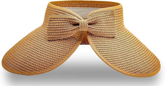 Straw Sun Visor for Women, Wide Brim UPF 50+ Protection Beach Hat, Adjustable, Roll Up Foldable Ponytail Cap with Chin Strap