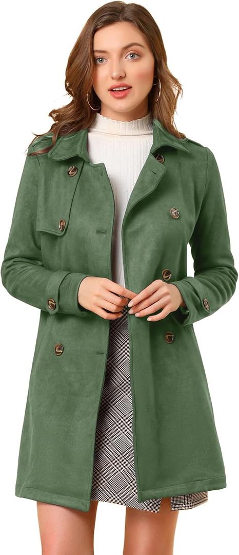 Allegra K Women's Faux Suede Trench Coat Notched Lapel Double Breasted Jacket with Belt (Medium, Green)