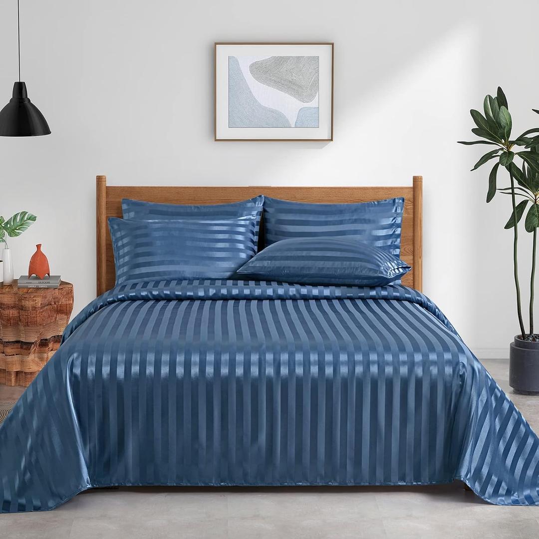 Pothuiny 6-Piece Striped Satin Bed Sheet Set, Queen Size, Flint Blue, Luxury Silky, 1 Fitted + 1 Flat + 4 Pillow Cases