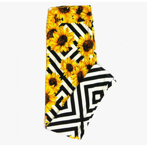 Lularoe Tall Curvy (TC fits Sizes 12-18) Sunflowers Diamond Geometric Yellow Black White Buttery Soft Adult Leggings, Pack Of 2